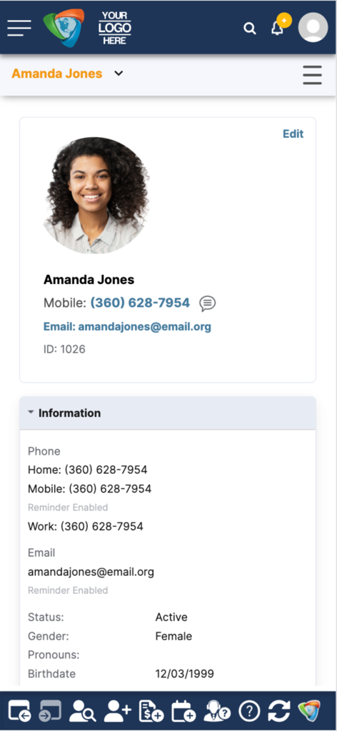 AestheticsPro - AestheticsPro mobile app screen showing a patient profile with contact info and demographic data.