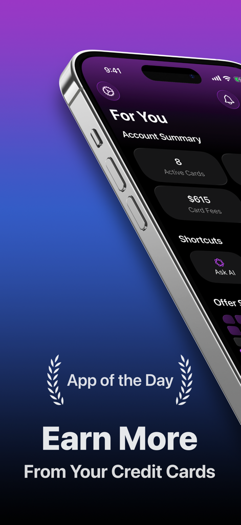 Interfaccia dell'app CardPointers su iPhone che mostra il premio App del Giorno e un riepilogo dei premi delle carte di credito