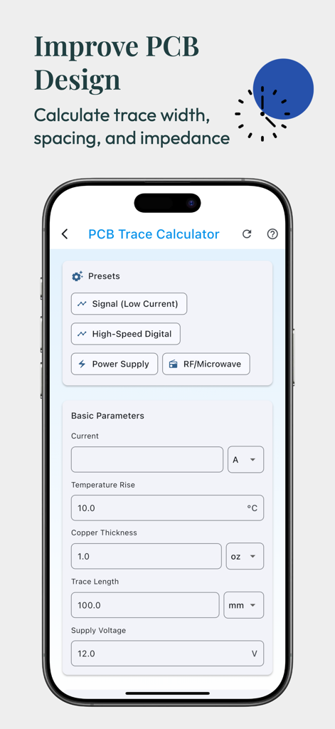 Ohmify - electronics tools - A mobile interface for calculating PCB trace width and impedance within the Ohmify electronics app.