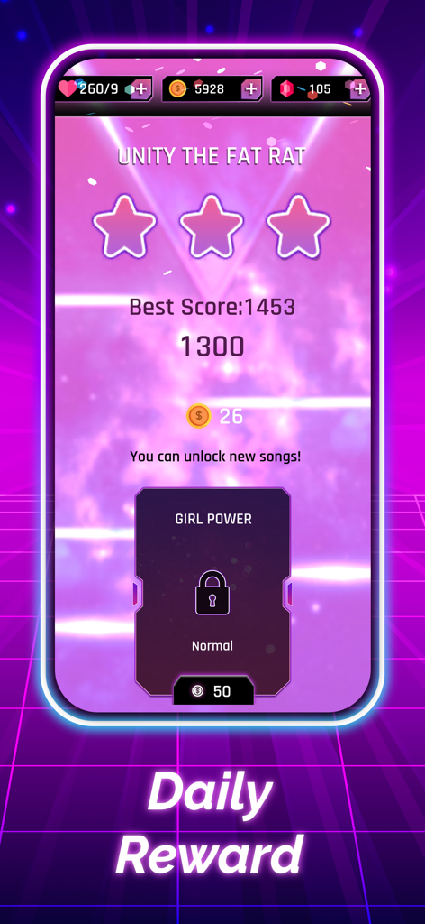 Dancing Ball - Music Hop Ball - Score screen in Dancing Ball showing daily rewards and a locked song menu