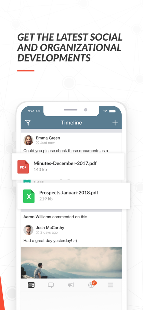 Speakap - Speakap mobile app interface showing a company timeline with social posts and shared files