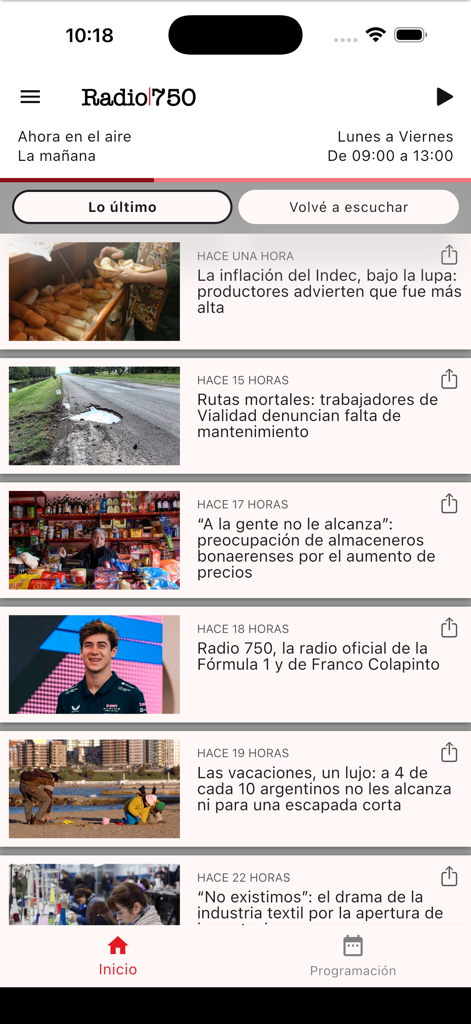 Pantalla de feed de noticias de la app móvil Radio 750 mostrando titulares y artículos argentinos con imágenes