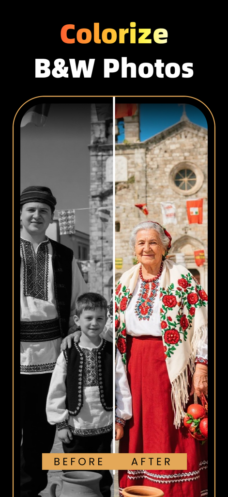 Before and after comparison of a black and white family photo colorized with PixFix AI.