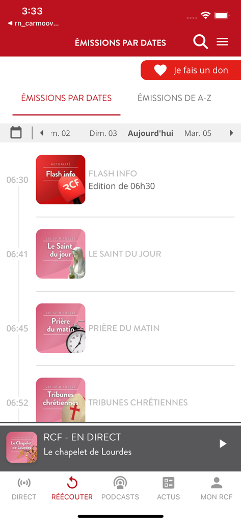 RCF - Info, Podcast, Culture - Interface de l'application mobile RCF montrant une liste de programmes radio quotidiens et de contenus spirituels par date