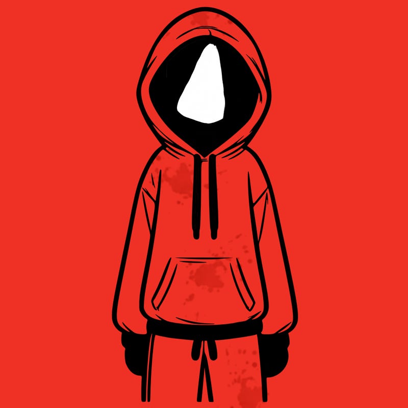 faceless girl in a tracksuit with a hood on and no hair