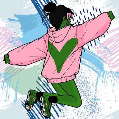 realistic girl jumping with a bun and oversized sweatshirt
