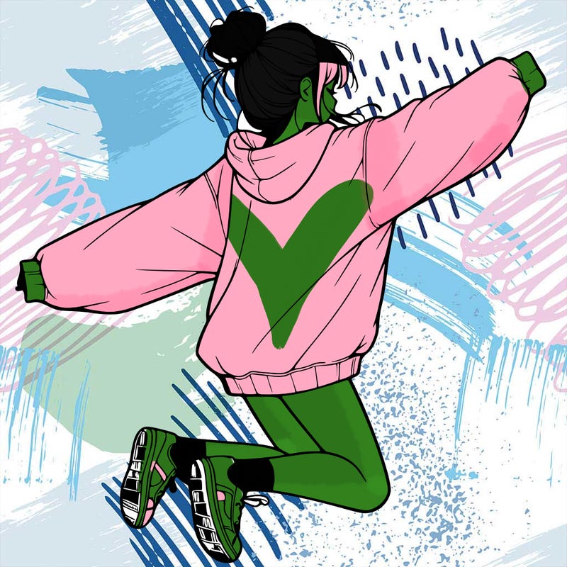 realistic girl jumping with a bun and oversized sweatshirt