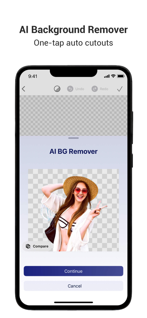 Cut Paste Photo AI Eraser - Interface of the AI background remover tool showing a woman with a transparent cutout background.