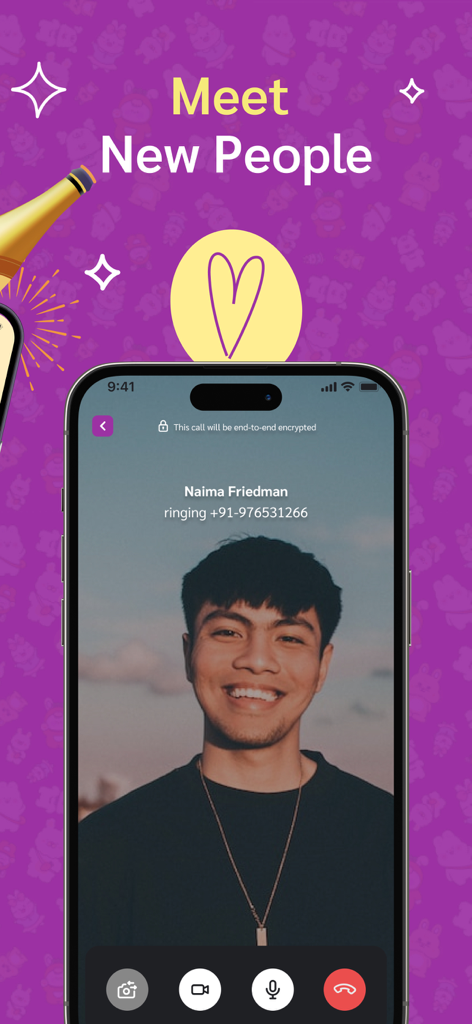 Video Chat — Tokee - Tokee app video call screen with a smiling man and the text Meet New People