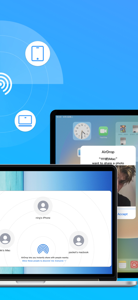 A laptop and tablet showing the Snapdrop interface for peer to peer file sharing between devices.