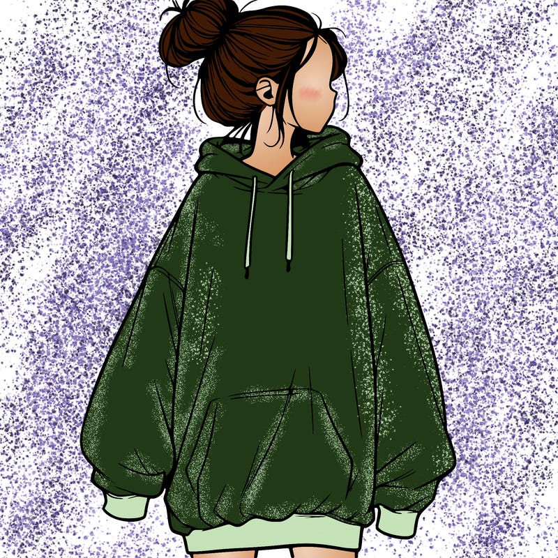realistic girl with a oversized sweatshirt on and a bun