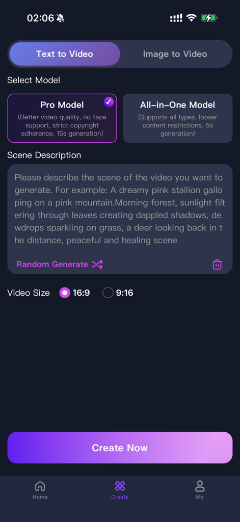AI VidEff - Magical Video - AI VidEff app interface for generating videos from text prompts with model selection and aspect ratio options.