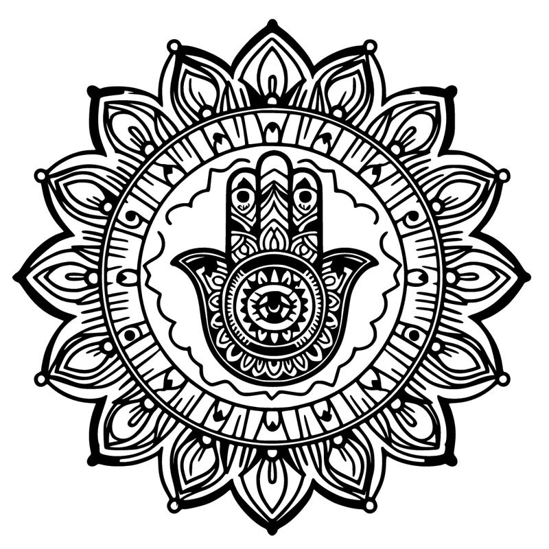 mandala with a hamsa in a center