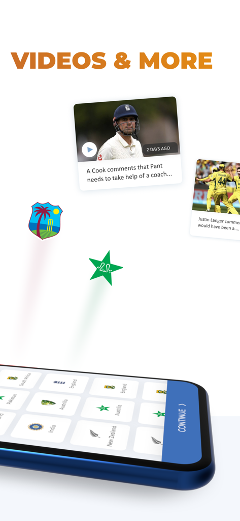 OneCricket - OneCricket mobile app showcasing cricket videos and a team selection screen with various international team logos
