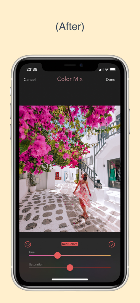 @izkiz - Interface of the izkiz photo editing app showing the Color Mix feature to adjust hue and saturation on a travel photo of a woman in a pink dress