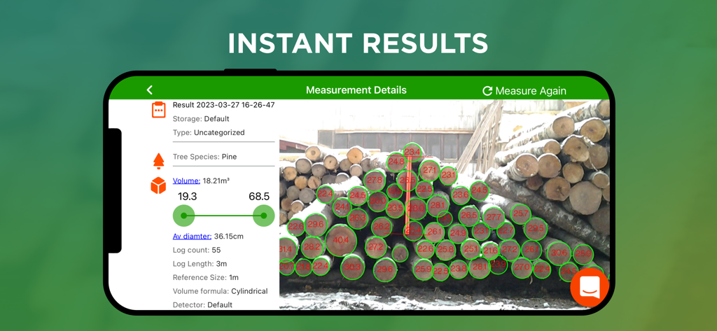 Timbeter app showing instant timber measurement results with log volume and count