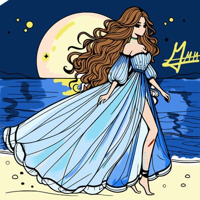 beautiful woman with a vaporous long dress walking on the beach at the noon, detailed art