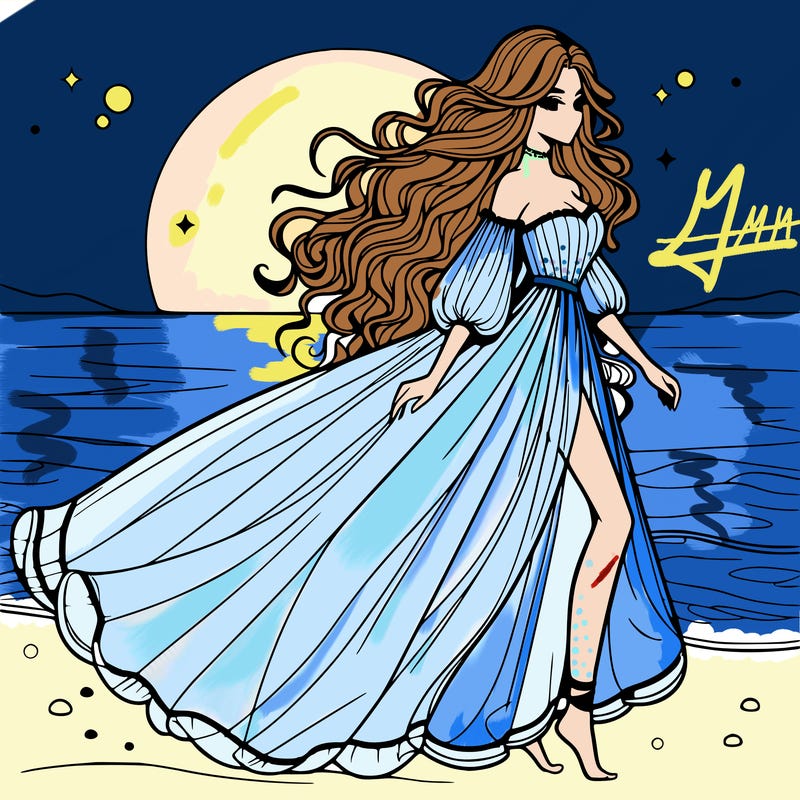 beautiful woman with a vaporous long dress walking on the beach at the noon, detailed art