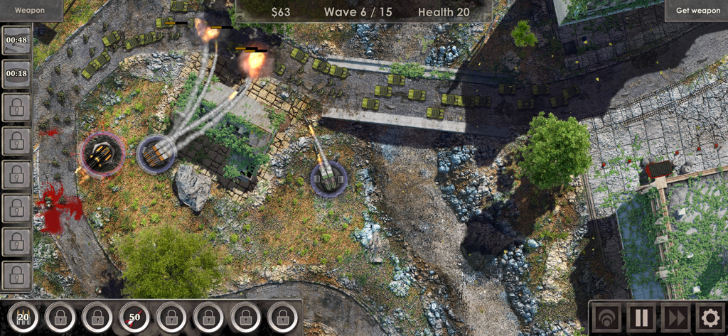 Defense Zone 3 Ultra HD - Top down view of realistic military tower defense gameplay with turrets firing missiles at enemy tanks