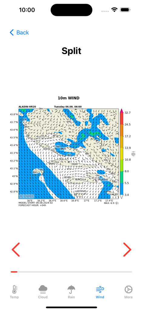 Mapa de velocidad y dirección del viento para Split, Croacia en la aplicación CroForecast