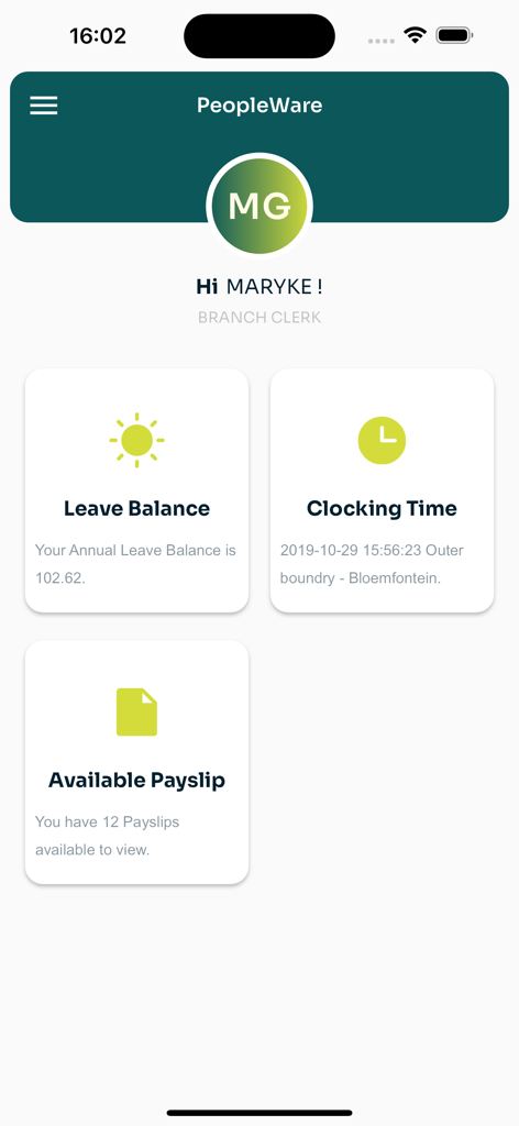 PeopleWare MOBI - Mobile dashboard of PeopleWare MOBI showing employee leave balance and payslip status