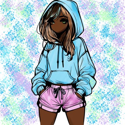 realistic girl in shorts and hoodie