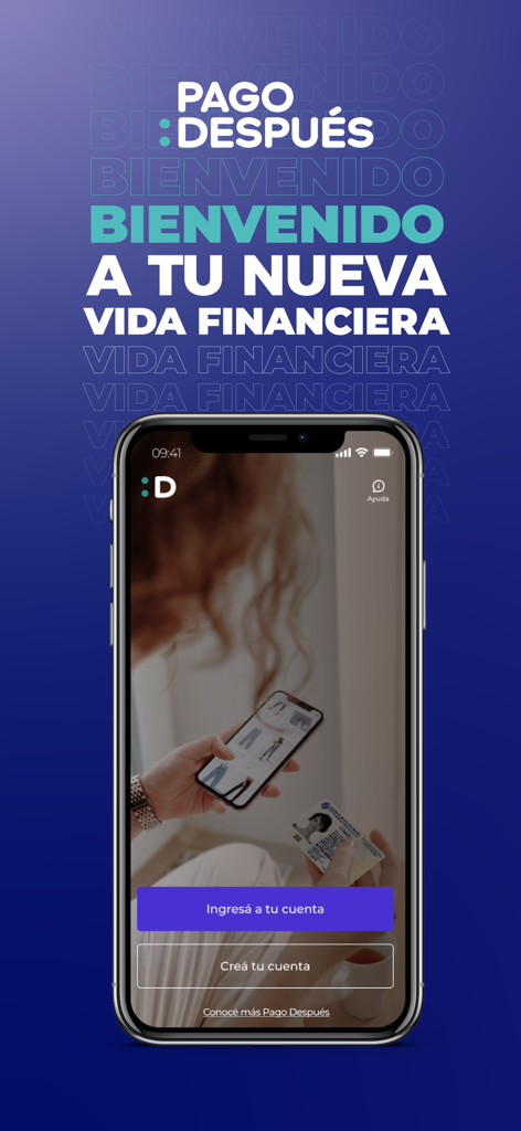 スマートフォンのPago Despuésアプリのウェルカムスクリーン。「新しい経済生活へようこそ」というスローガンとともに、ログインまたはアカウント作成のオプションが表示されています。