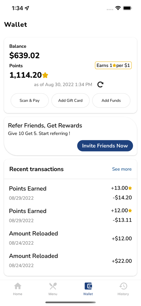 EzApp+ - EzApp plus wallet interface displaying account balance and loyalty reward points.