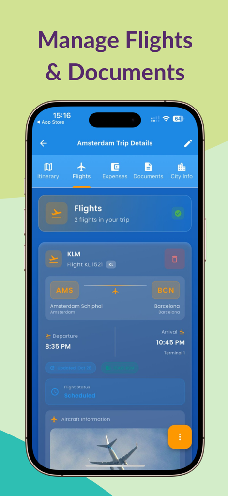 Routly AI travel app interface showing flight details for a trip from Amsterdam to Barcelona