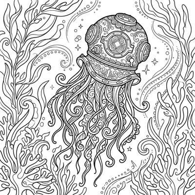 Discover a unique coloring experience with this intricate Gothic Helmet Jellyfish. Its ornate, helmet-shaped bell and swirling tentacles promise hours of creative immersion in a mysterious underwater world.