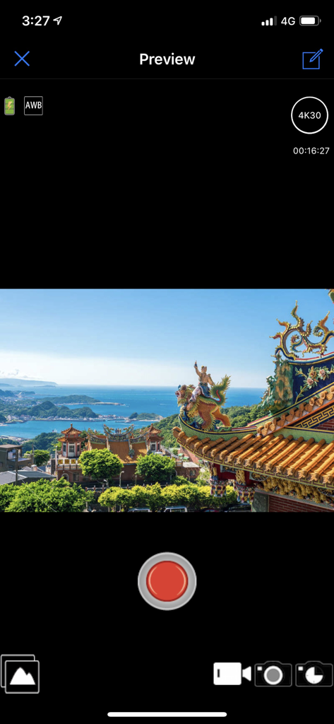 iSmart DV2 - Schermata di anteprima live dell'app iSmart DV2 che mostra i controlli remoti della fotocamera e un feed video panoramico.