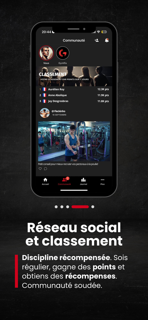 Gymflix - Fitness Workouts - Gymflix app screen showing a fitness community leaderboard and social feed with user rankings and training tips