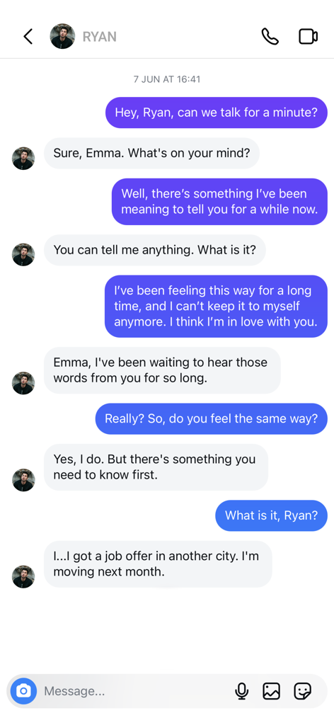 A screenshot of a romantic chat story conversation between Emma and Ryan in a messaging interface