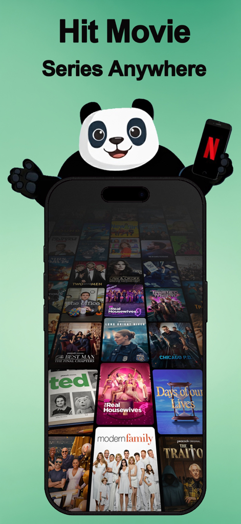 Mascota de PandaVPN y una pantalla de smartphone mostrando una cuadrícula de películas y series populares para acceso a streaming global.