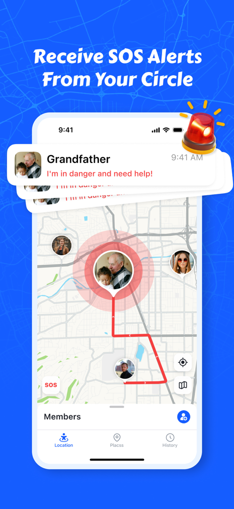 Interface do aplicativo Phone Tracker exibindo um alerta SOS de emergência de um membro da família em um mapa ao vivo