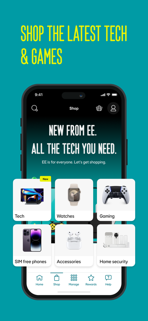 EE mobile app shop screen displaying product categories like tech, watches, gaming, and SIM free phones.