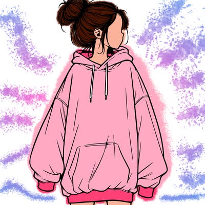 realistic girl with a oversized sweatshirt on and a bun