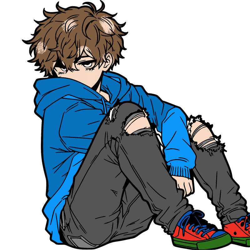 a male hoddie ripped jeans messy hair anime