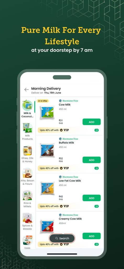 Country Delight app screen showing fresh hormone free milk options for morning delivery