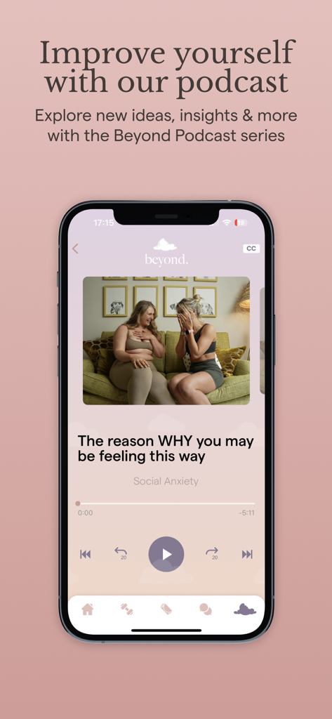 A screenshot of the Beyond App showing the podcast interface with an episode about social anxiety and mental health