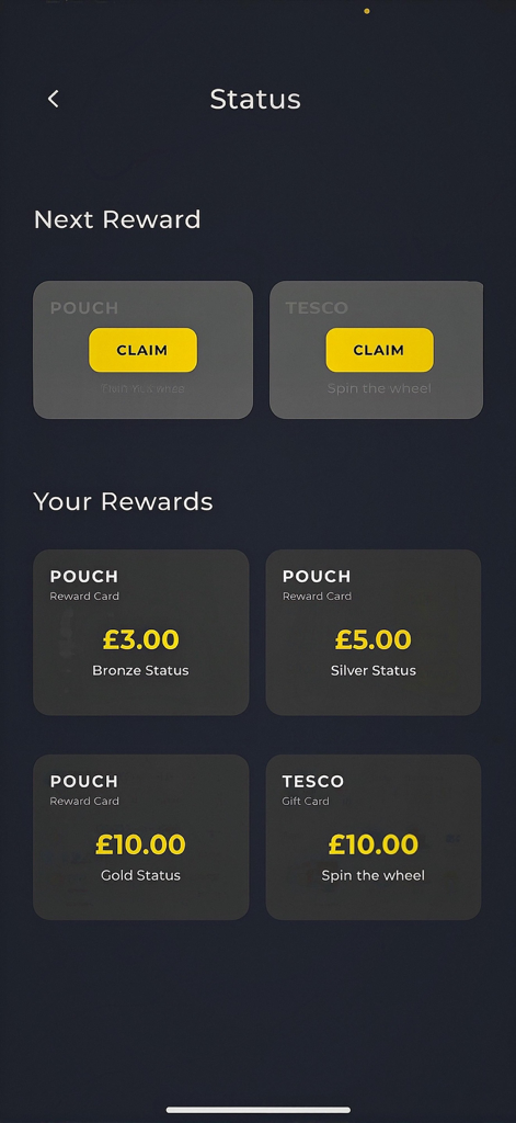Pouch - A status screen in the Pouch app displaying earned financial rewards and gift cards for positive spending habits
