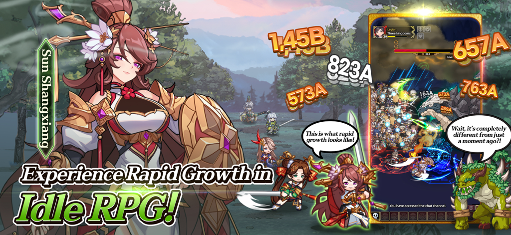 Illustration du personnage Sun Shangxiang et interface de jeu pour Three Kingdoms All Star Idle RPG montrant une progression rapide.