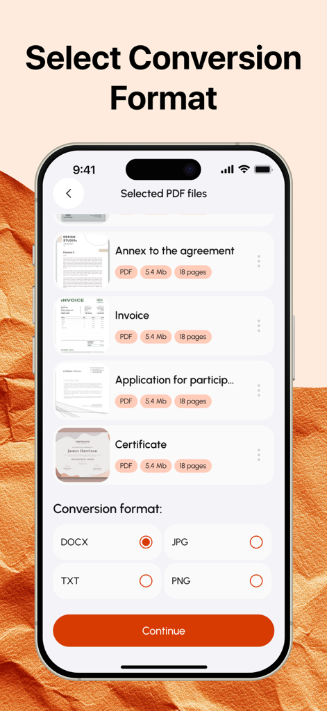 Lens Document Scan & Editor - Pantalla de selección para convertir archivos PDF a DOCX y otros formatos