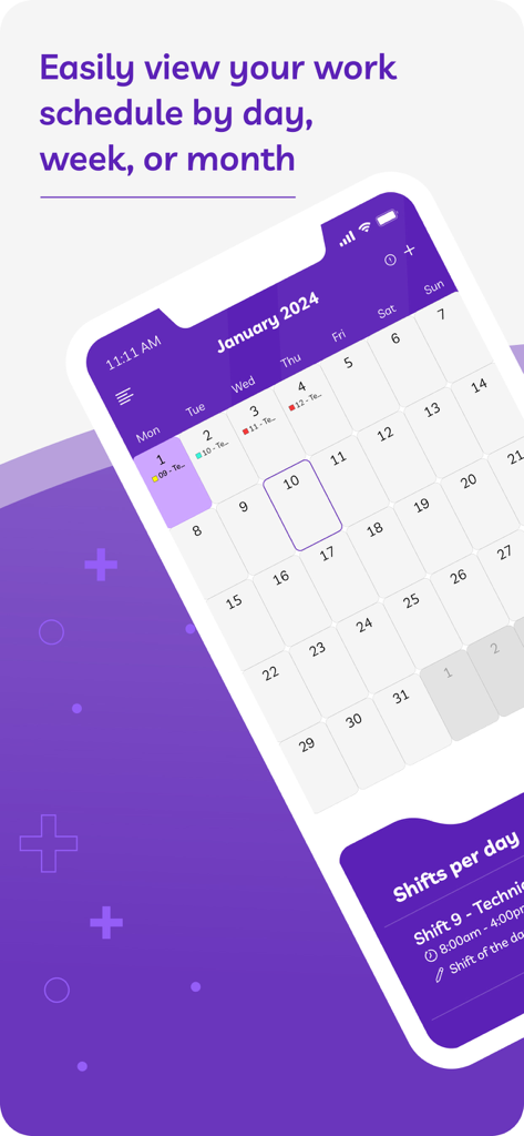 ShiftCal app displaying a monthly work schedule calendar for easy shift management