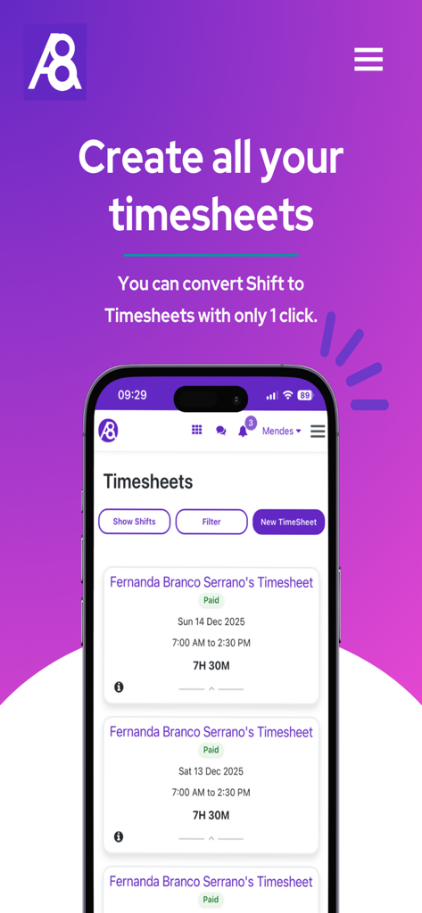 Ability8 - Ability8 mobile app interface showing a list of caregiver timesheets with one click shift conversion feature