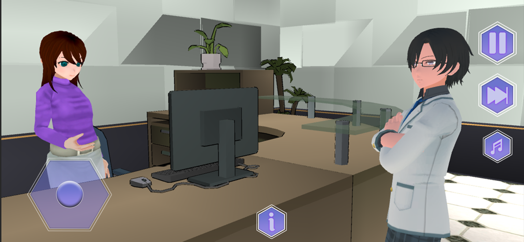 Anime School Simulator Life 3D - Two 3D anime characters, a boy in a school uniform and a girl in a purple sweater, standing in a school office.