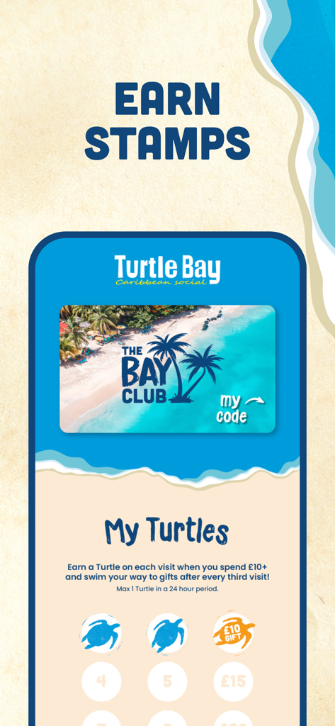 Turtle Bay app loyalty screen showing earned turtle stamps and rewards progress