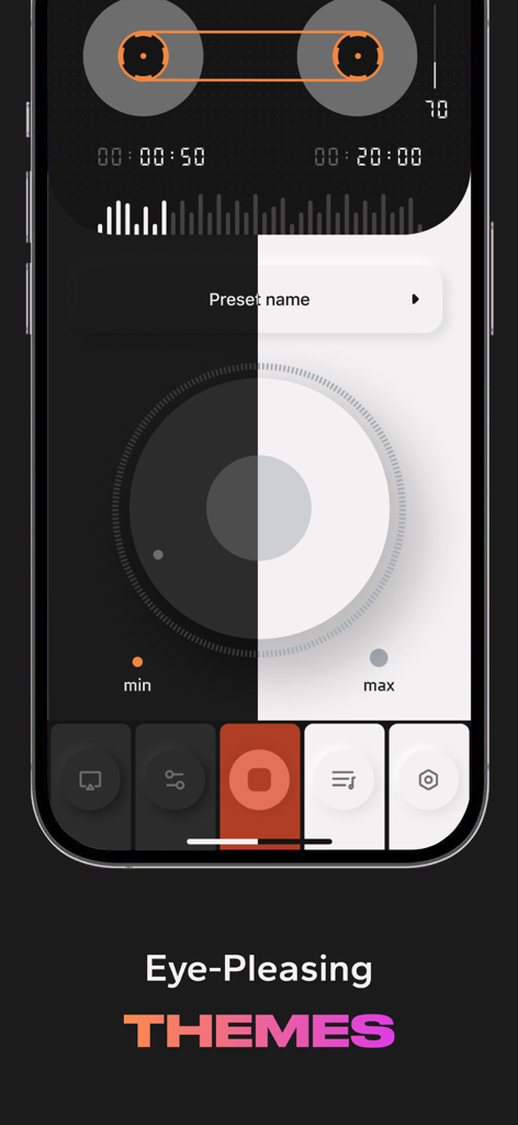 A split screen display showing the light and dark UI theme options for the Microphone Live Mic To Speaker app interface