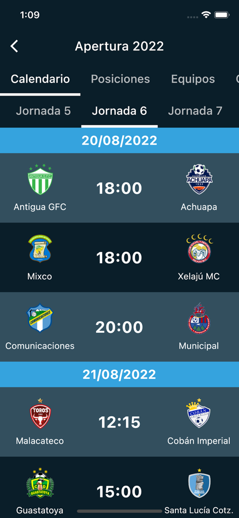 Match schedule and calendar for the Guatemalan soccer league in the Guatefutbol app