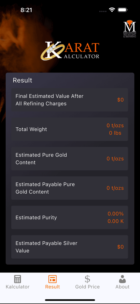 Karat Kalculator app screen displaying estimated gold value and refining details